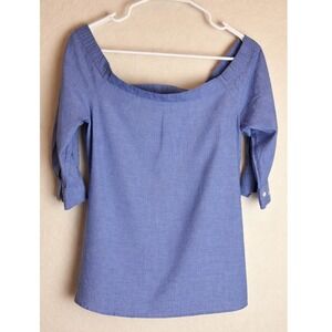Theory Blue Cotton Chambray Off The Shoulder Blouse Joscla-Ison Shirting Size P